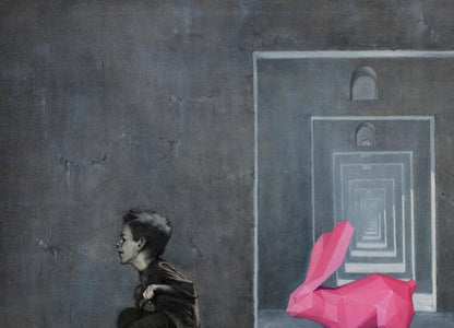 Vibrant pink geometric rabbit sculpture by Oleg Kateryniuk against gray wall