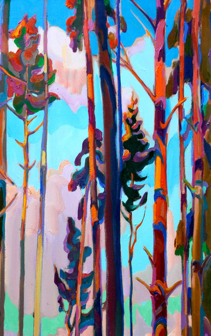 Oil painting Red pines by Leonid Pavlenko vibrant abstract forest scene