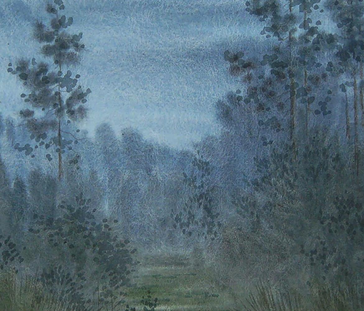 Moonlit misty forest watercolor painting by Valery Savenets