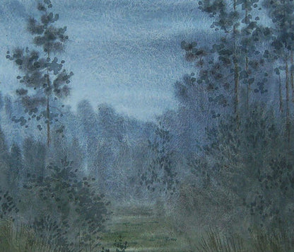 Moonlit misty forest watercolor painting by Valery Savenets