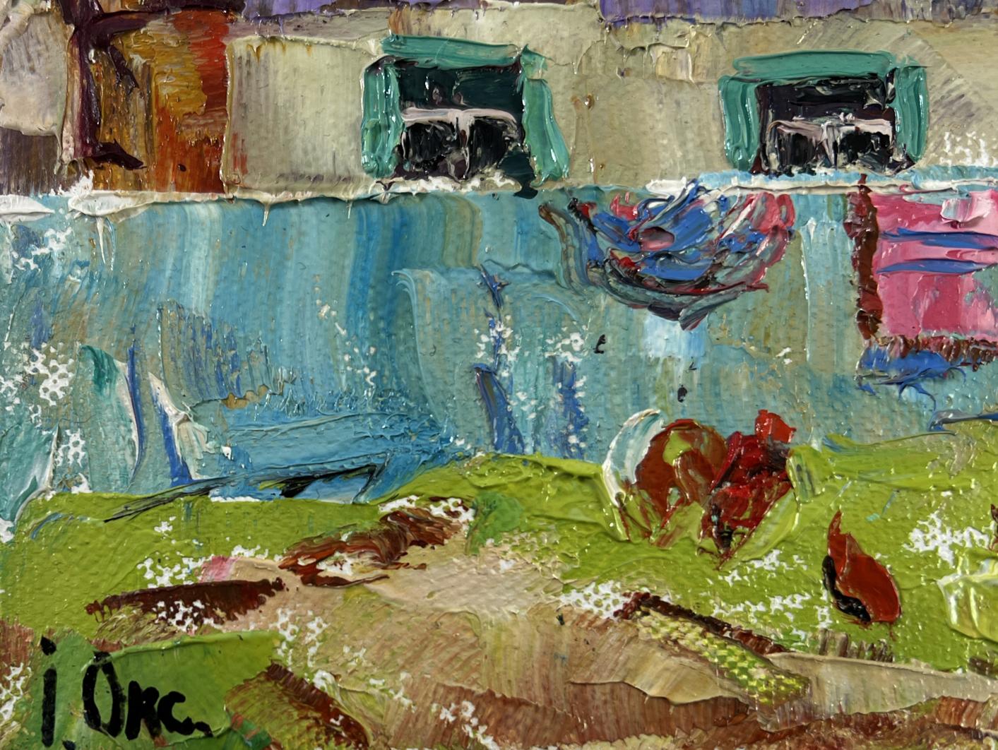 Oil painting Yard in Sunset Light by Oksana Ivanyuk with teal shutters