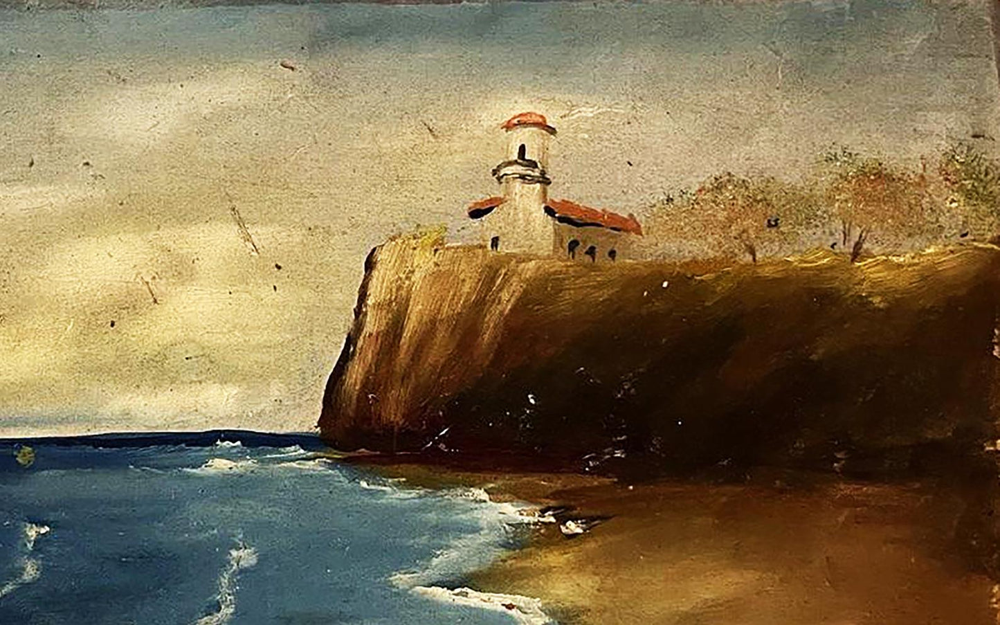 Watercolor white lighthouse with red roof on rugged cliff over ocean, oil house on hill
