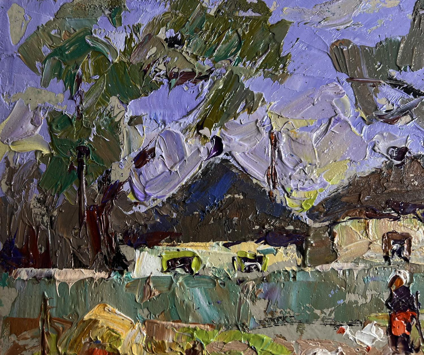 Impasto oil painting of Oleksiy Ivanyuk village alley in greens and purples