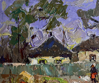 Impasto oil painting of Oleksiy Ivanyuk village alley in greens and purples