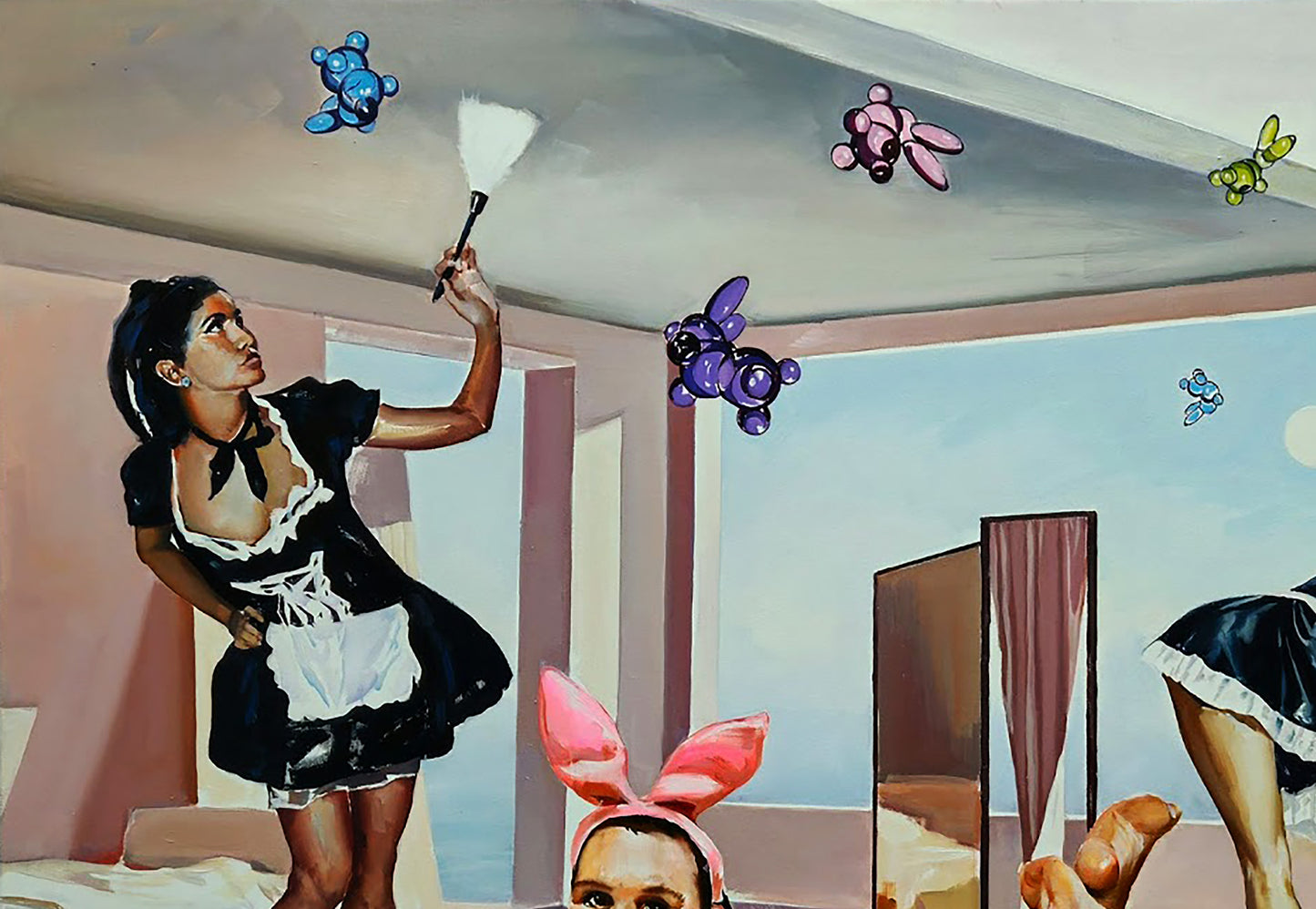 Oil painting by Igor Konovalov: mistress in black white maid outfit with duster