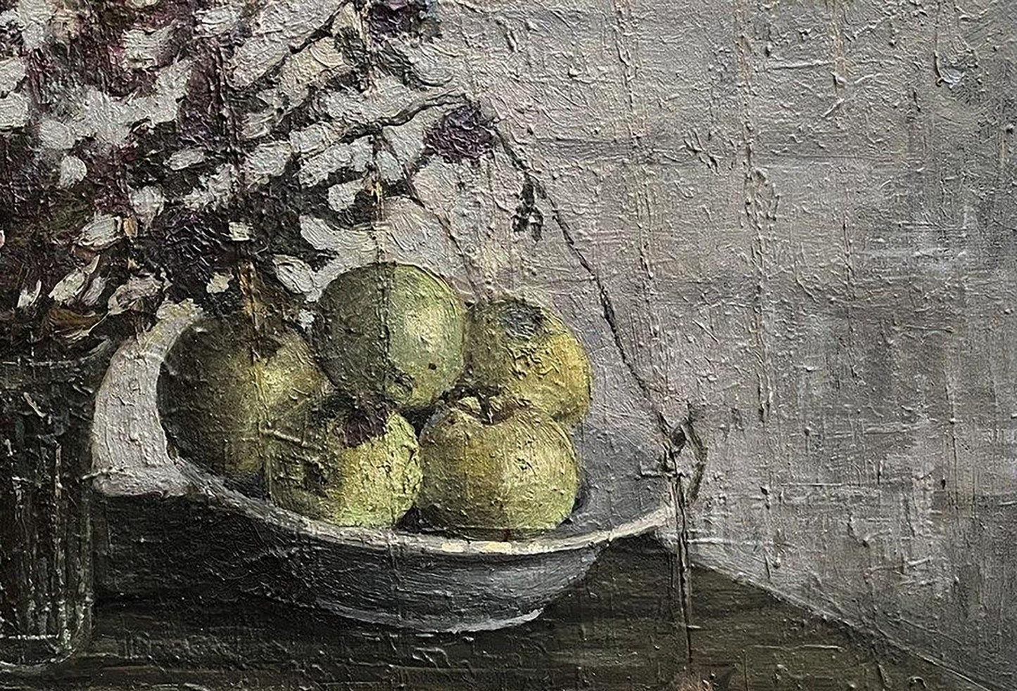 Oil painting by Volodymyr Pashchenko: white bowl with green textured fruits