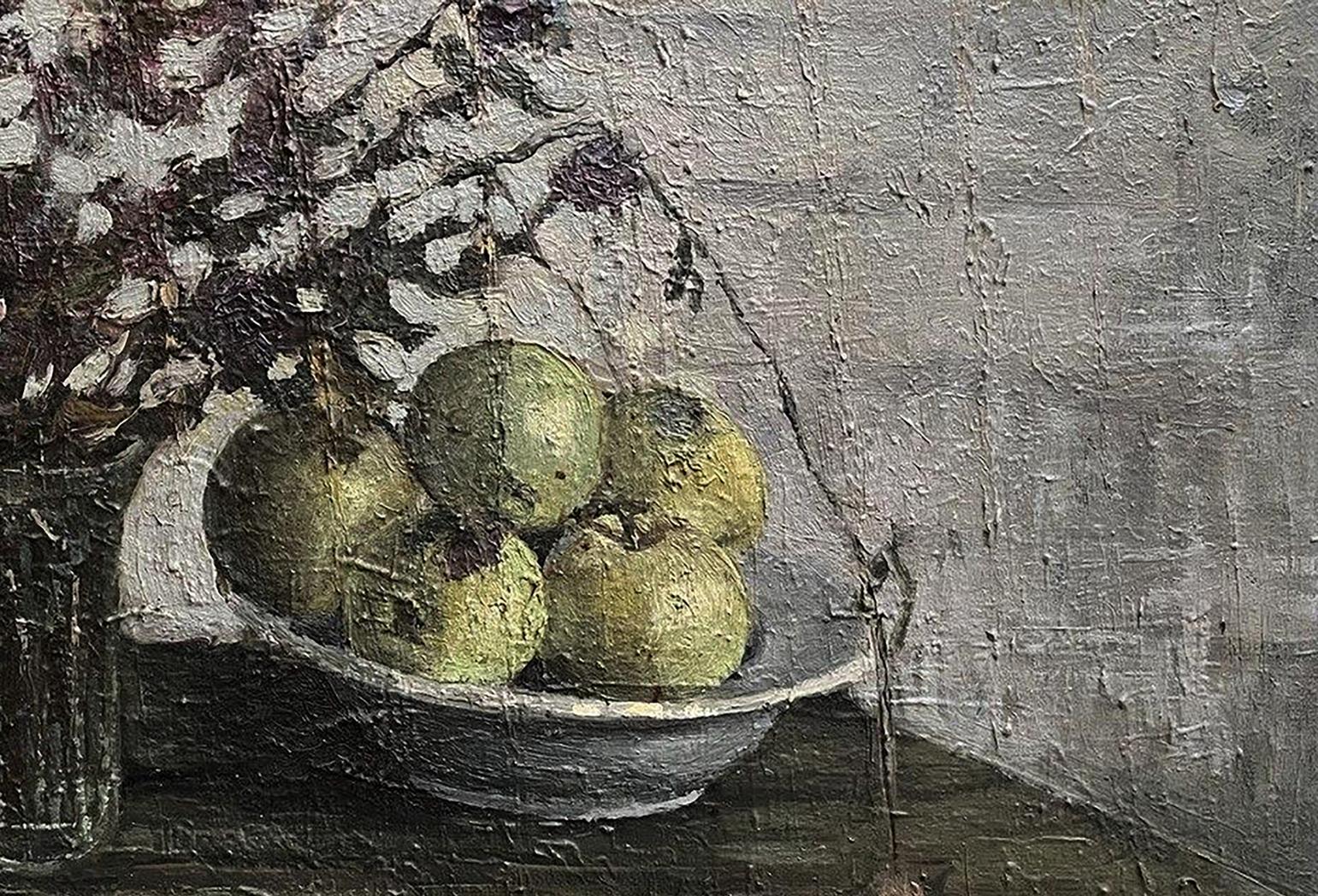 Oil painting by Volodymyr Pashchenko: white bowl with green textured fruits