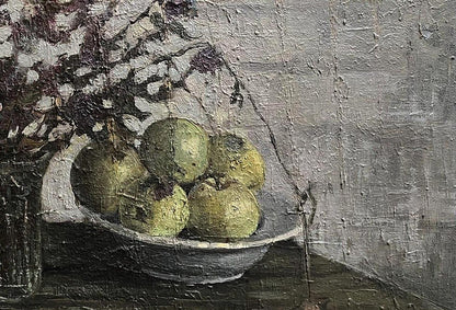 Oil painting by Volodymyr Pashchenko: white bowl with green textured fruits
