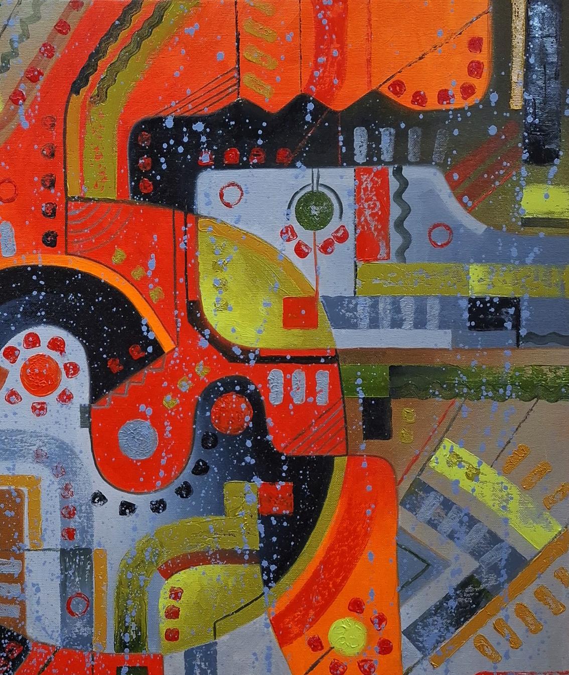 Vibrant oil painting A walk around the city by Sergiy Voichenko with bold orange geometric shapes