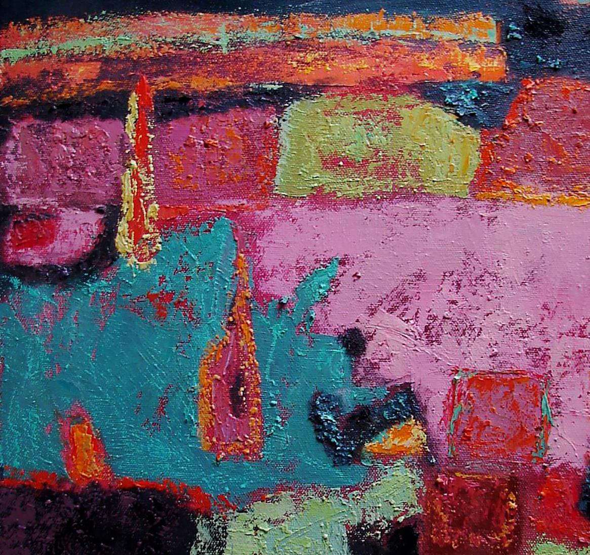 Vibrant oil painting Penetrating abstraction by Tatyana Shulyak in pink teal orange green