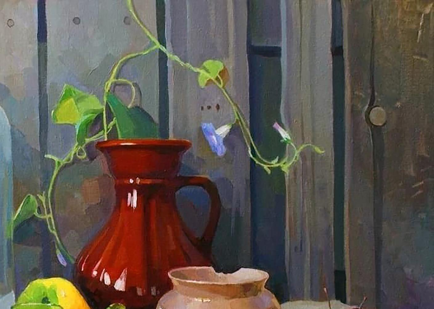 Oil painting of glossy red ceramic pitcher with vines by Anastasia Yaroshevich