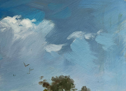 Oil painting of three boats on river by Yuriy Suprunchuk under blue sky
