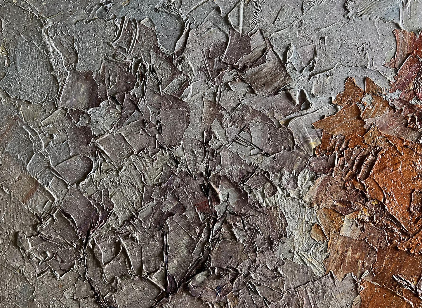 Abstract textured gray brown canvas oil painting of horse on path by Boris Serdyuk