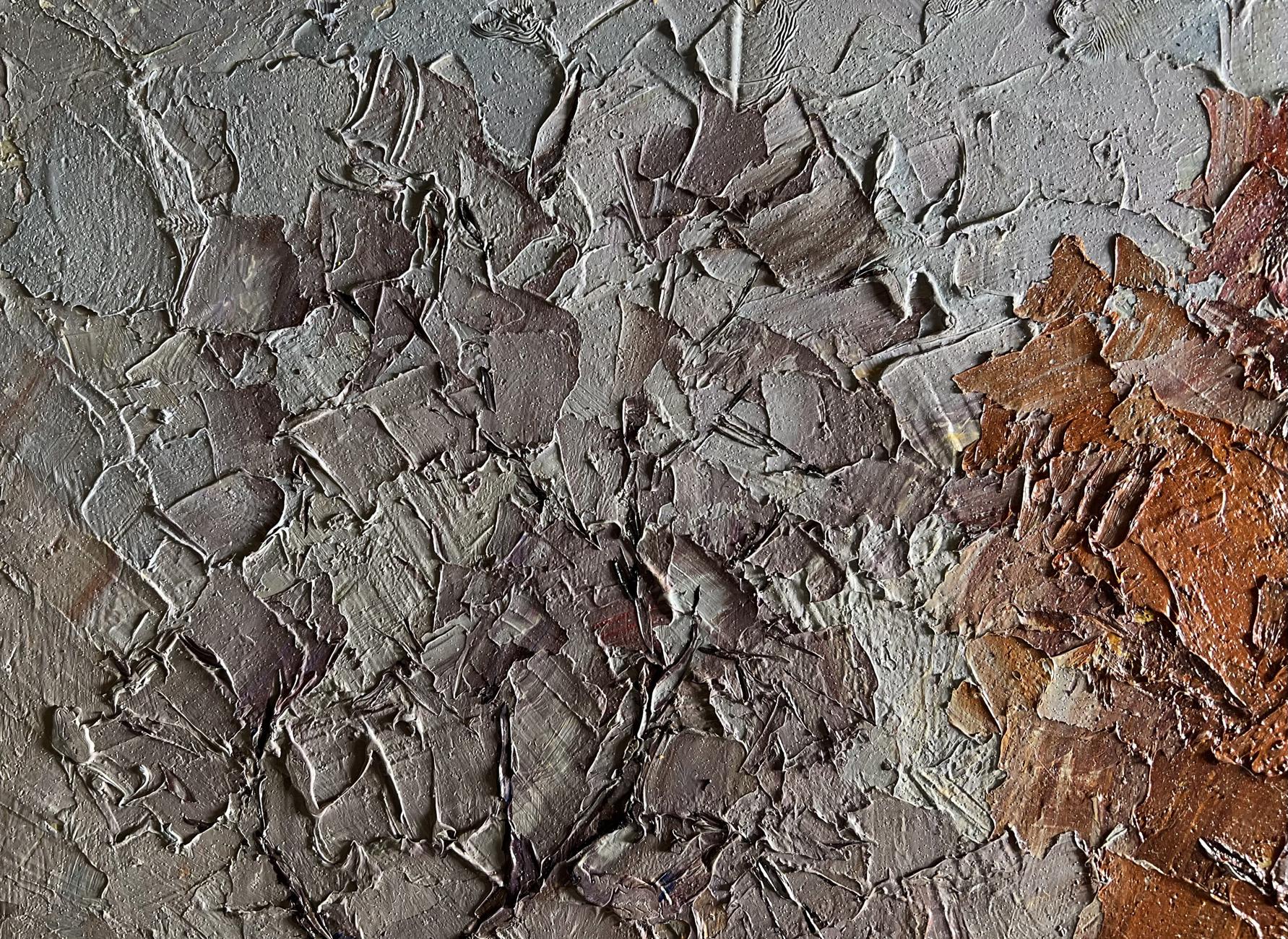 Abstract textured gray brown canvas oil painting of horse on path by Boris Serdyuk