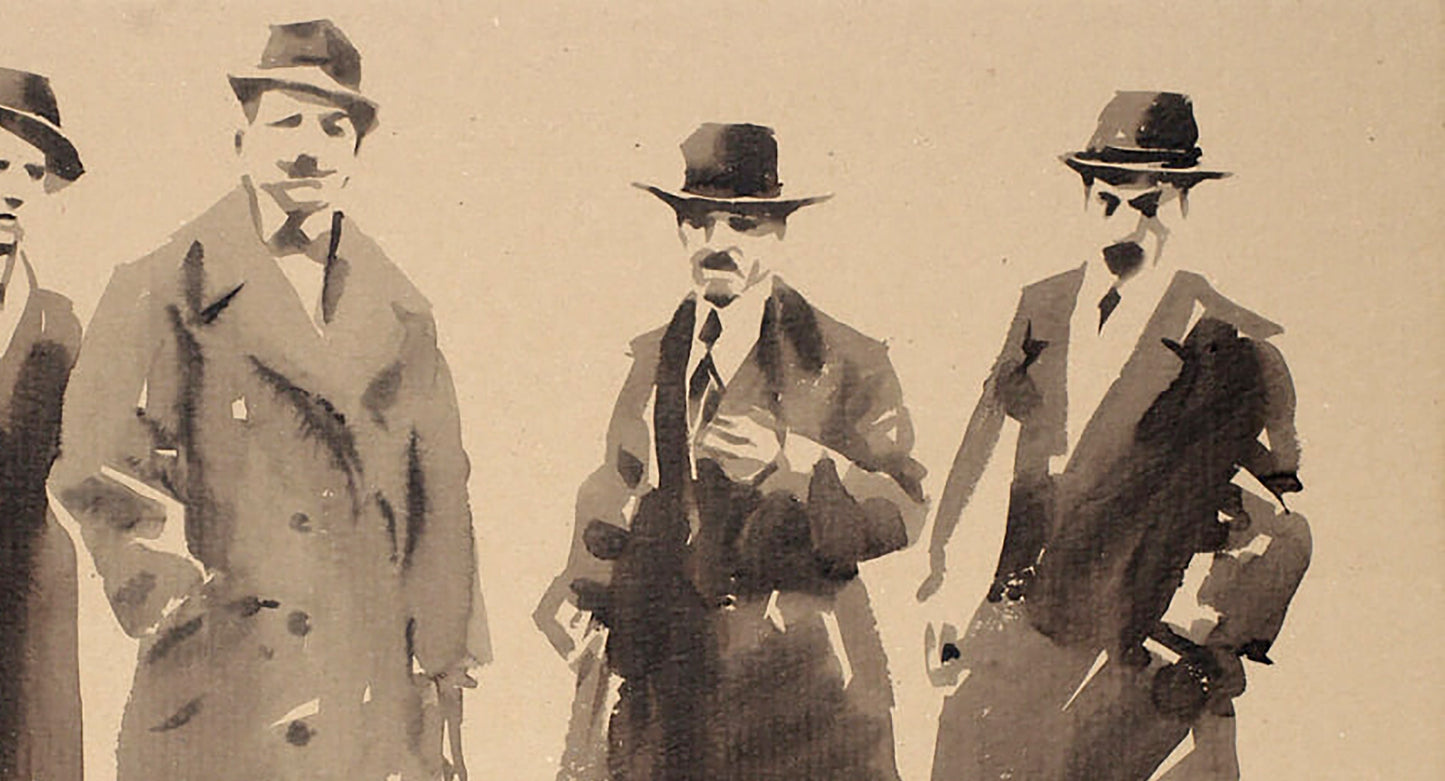 Sepia watercolor of four men in fedoras and suits by Dima Filatov
