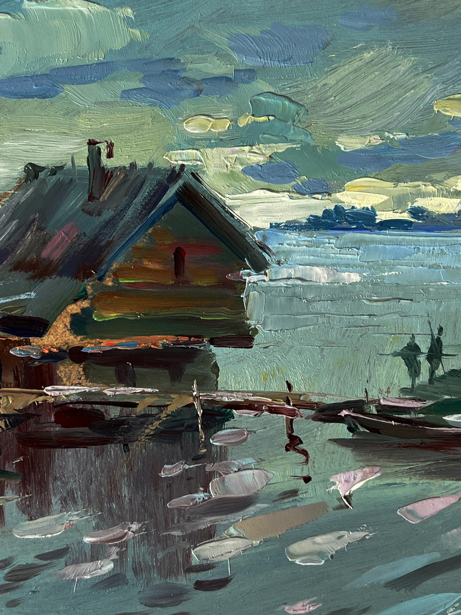 Oil painting of rustic house on water by Yuriy Suprunchuk