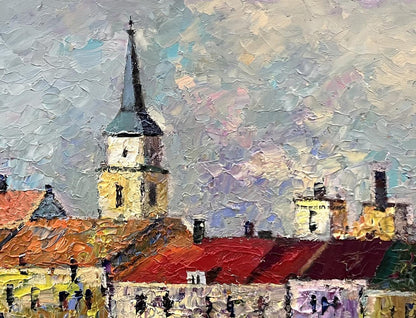 Oil painting City on the Water by Serhiy Rybak: yellow church tower over rooftops