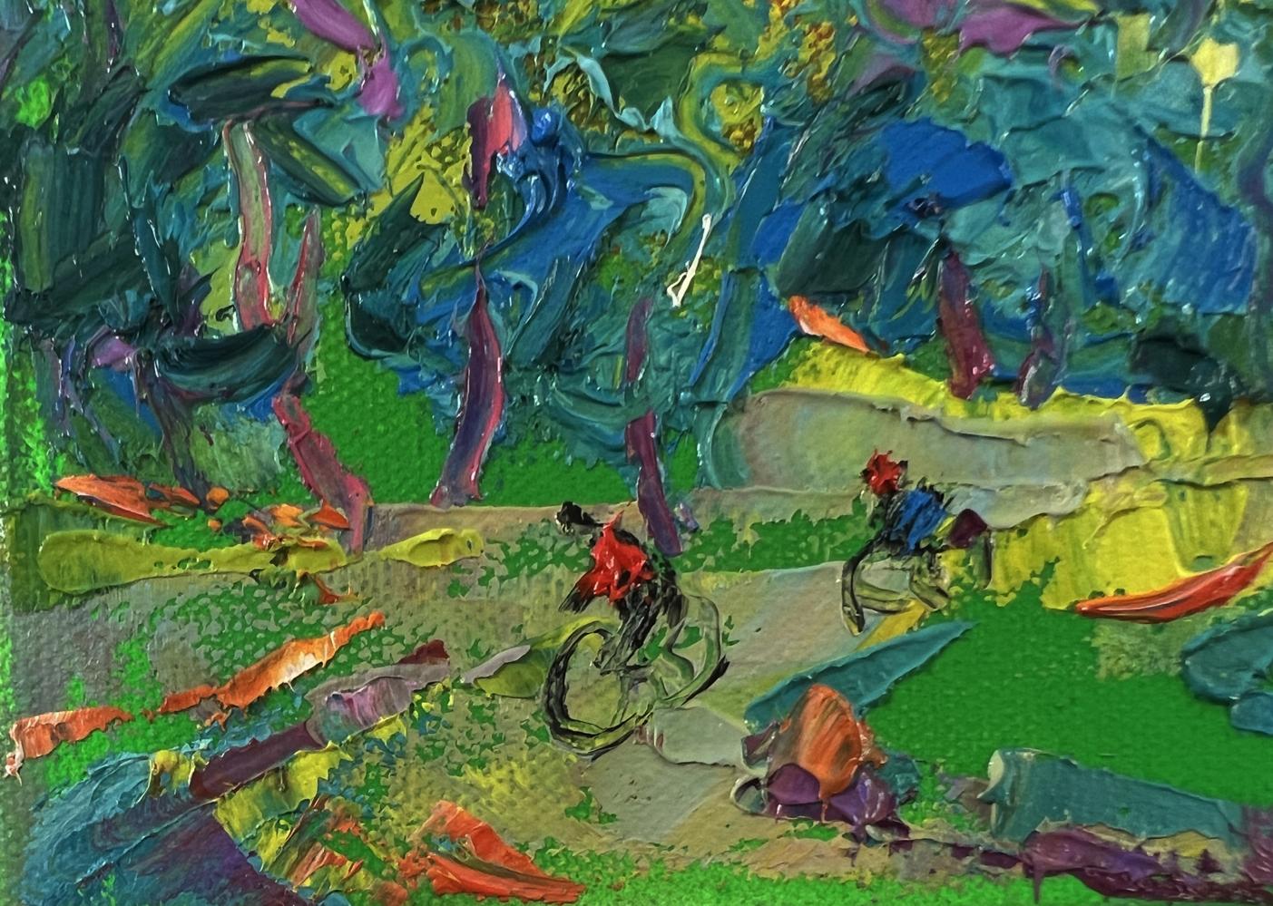 Vibrant impressionist oil painting of cyclists on city trail by Oleksiy Ivanyuk