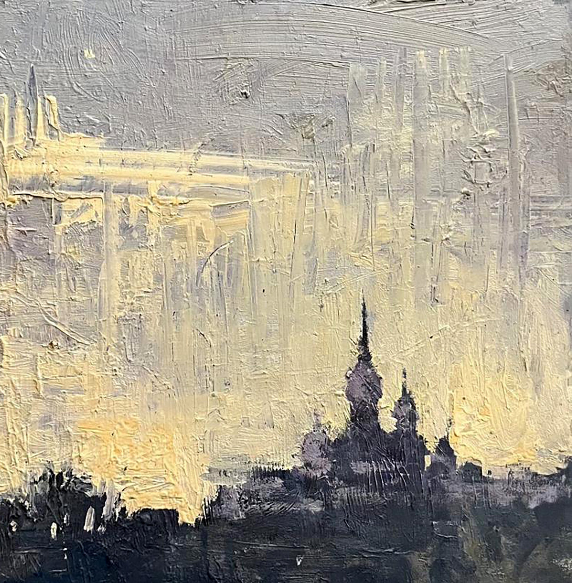 Textured oil painting by Volodymyr Pashchenko: dark church silhouette in yellow gray strokes