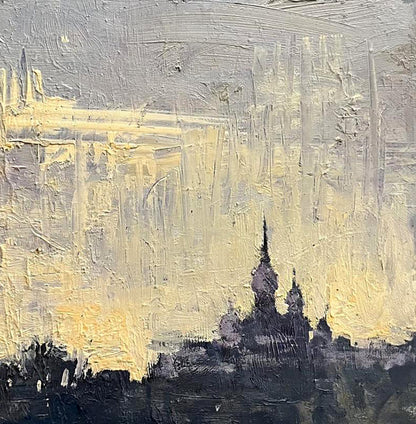 Textured oil painting by Volodymyr Pashchenko: dark church silhouette in yellow gray strokes