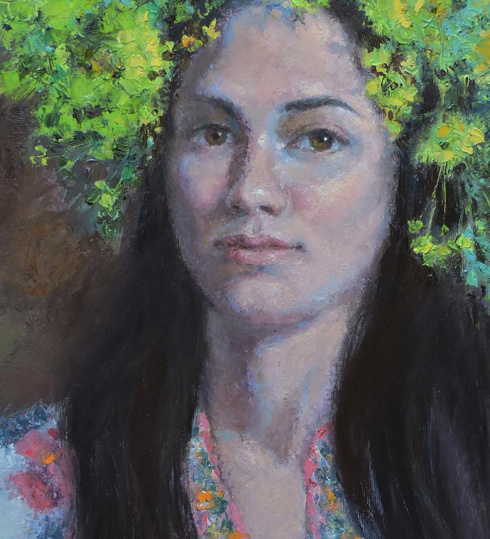 Oil painting portrait of girl with flowers by Oksana Osnach