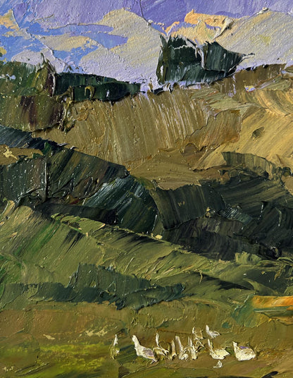 Oil painting of mountainous terrain by Boris Serdyuk in impasto style