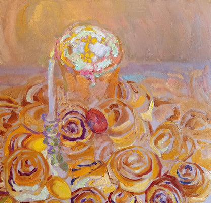 Oil painting Easter still life by Leonid Pavlenko: cupcake and cinnamon rolls