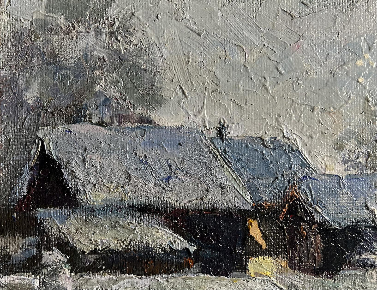 Oil painting Winter courtyard by Boris Serdyuk, impressionistic snow-covered roof
