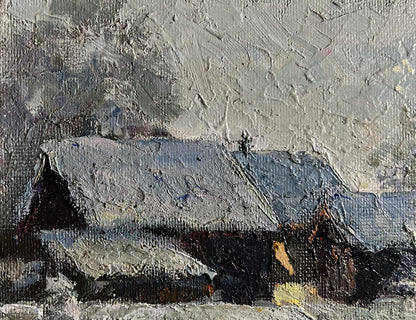 Oil painting Winter courtyard by Boris Serdyuk, impressionistic snow-covered roof
