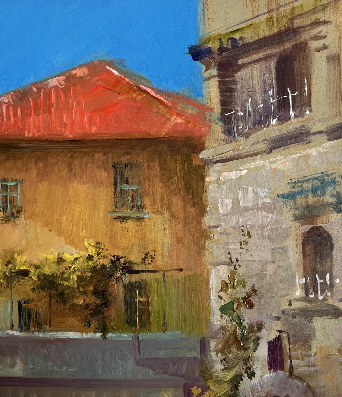 Oil painting Coastal Comfort by Yuriy Suprunchuk: red tiled roof on ochre building under blue sky