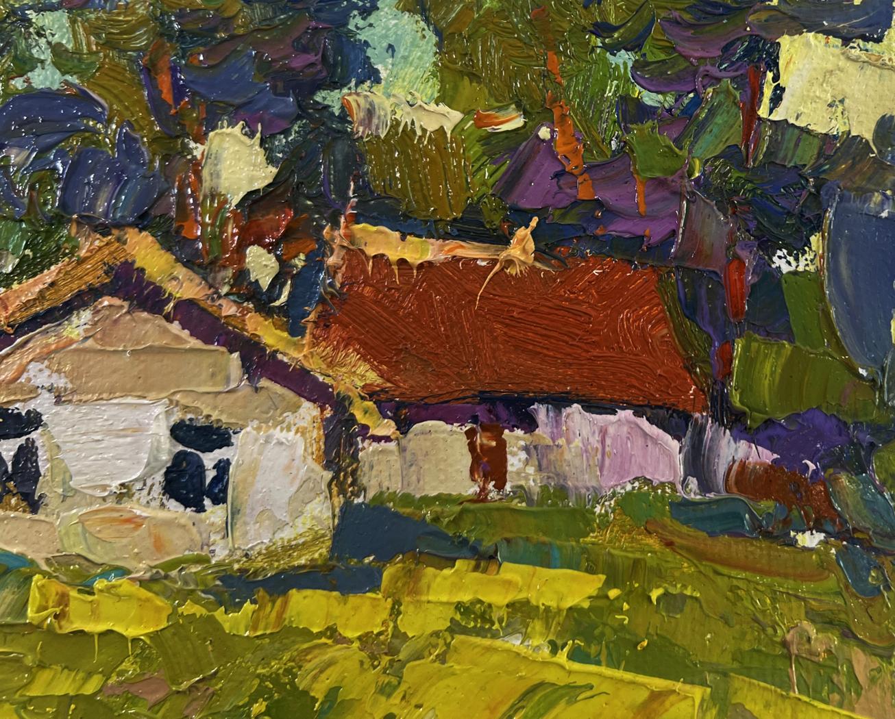 Oil painting Quiet evening dreams by Oksana Ivanyuk: rustic house in lush greenery