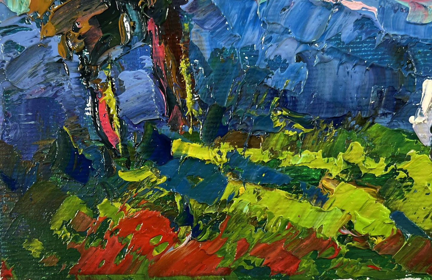 Oil painting Morning nature by Oksana Ivanyuk with blue sky and green foliage