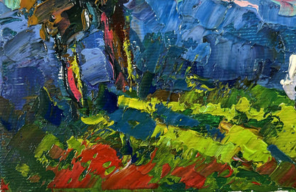 Oil painting Morning nature by Oksana Ivanyuk with blue sky and green foliage