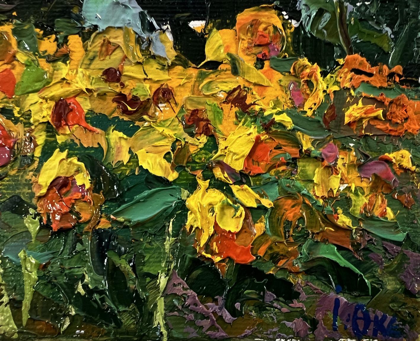 Vibrant impressionist oil painting of sunflowers field by Oksana Ivanyuk