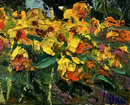 Vibrant impressionist oil painting of sunflowers field by Oksana Ivanyuk
