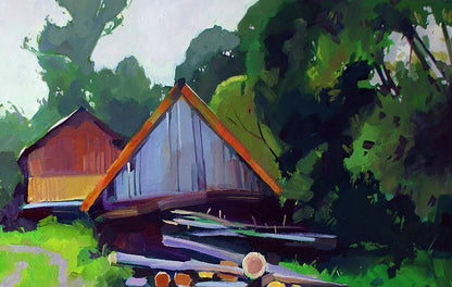 Oil painting Fall has come by Anastasia Yaroshevich: rustic barn with blue orange roof in green trees
