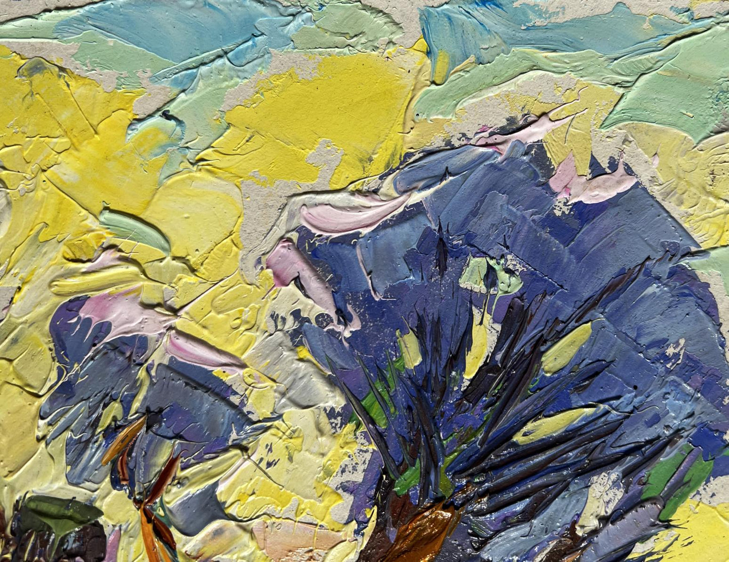 Oil painting Winter morning in the field by Oleksiy Ivanyuk with blue yellow florals