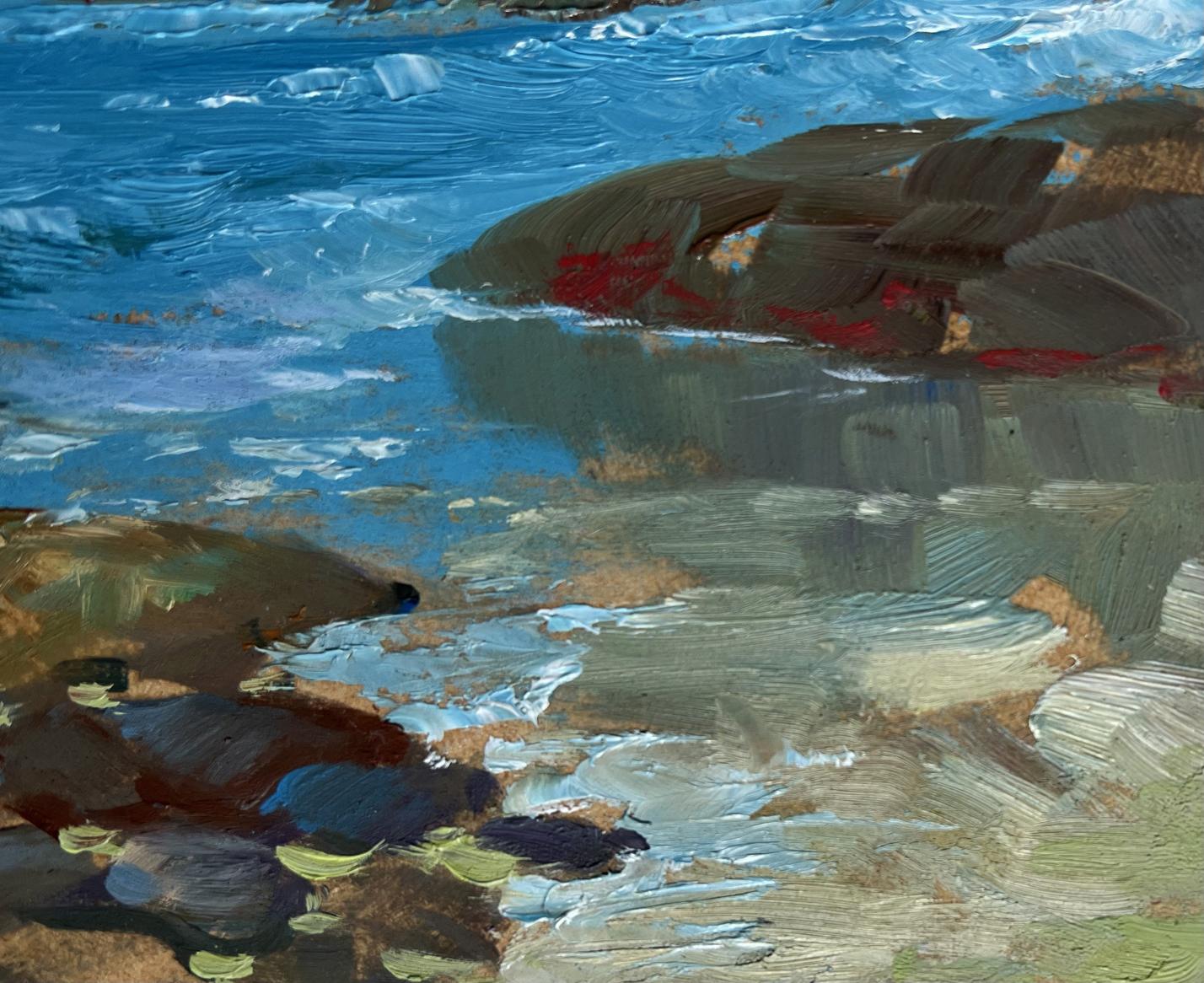 Textured oil painting of Sea Horizon by Yuriy Suprunchuk, vibrant blue water and rocks
