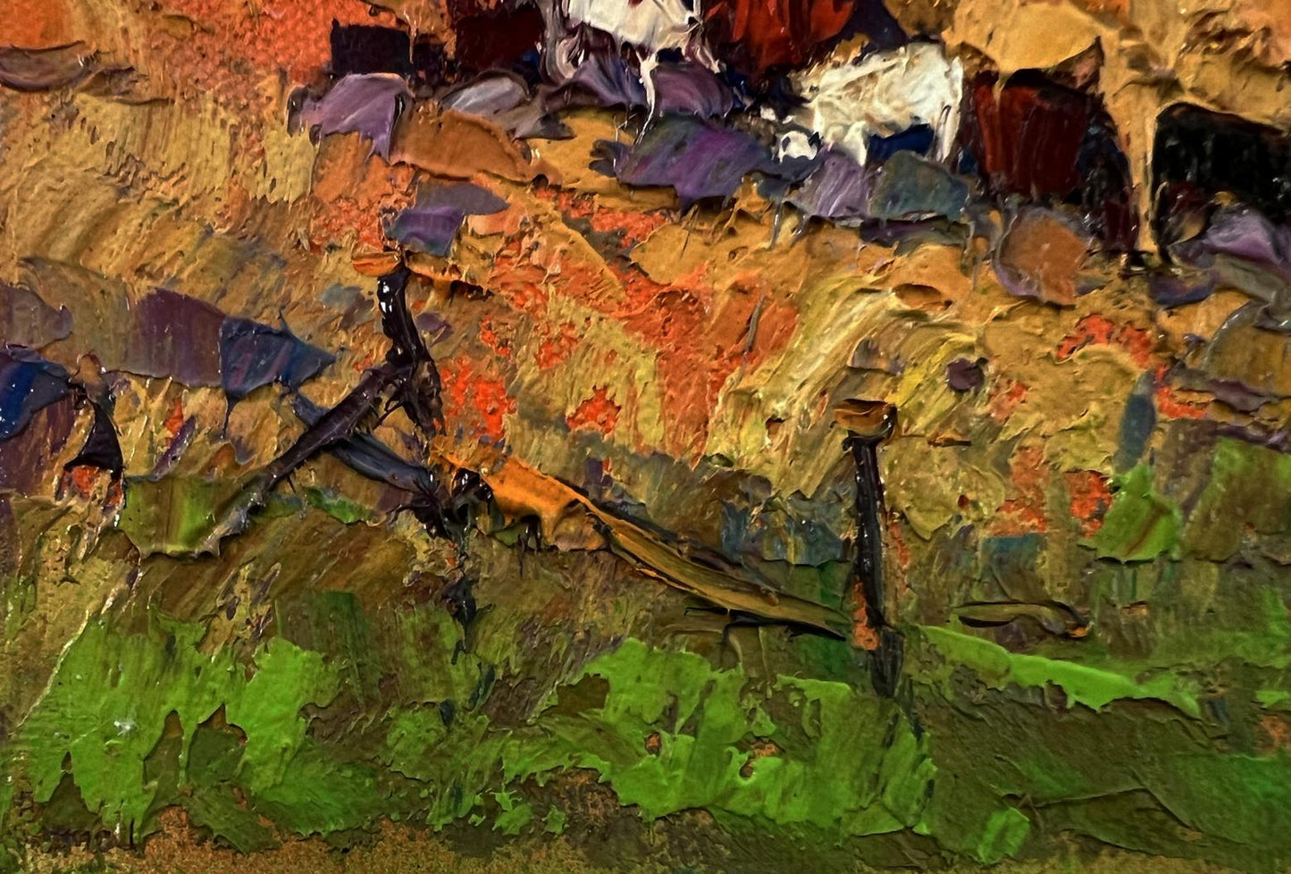 Oil painting Autumn evening by Oksana Ivanyuk, textured impasto in orange, purple, green, brown