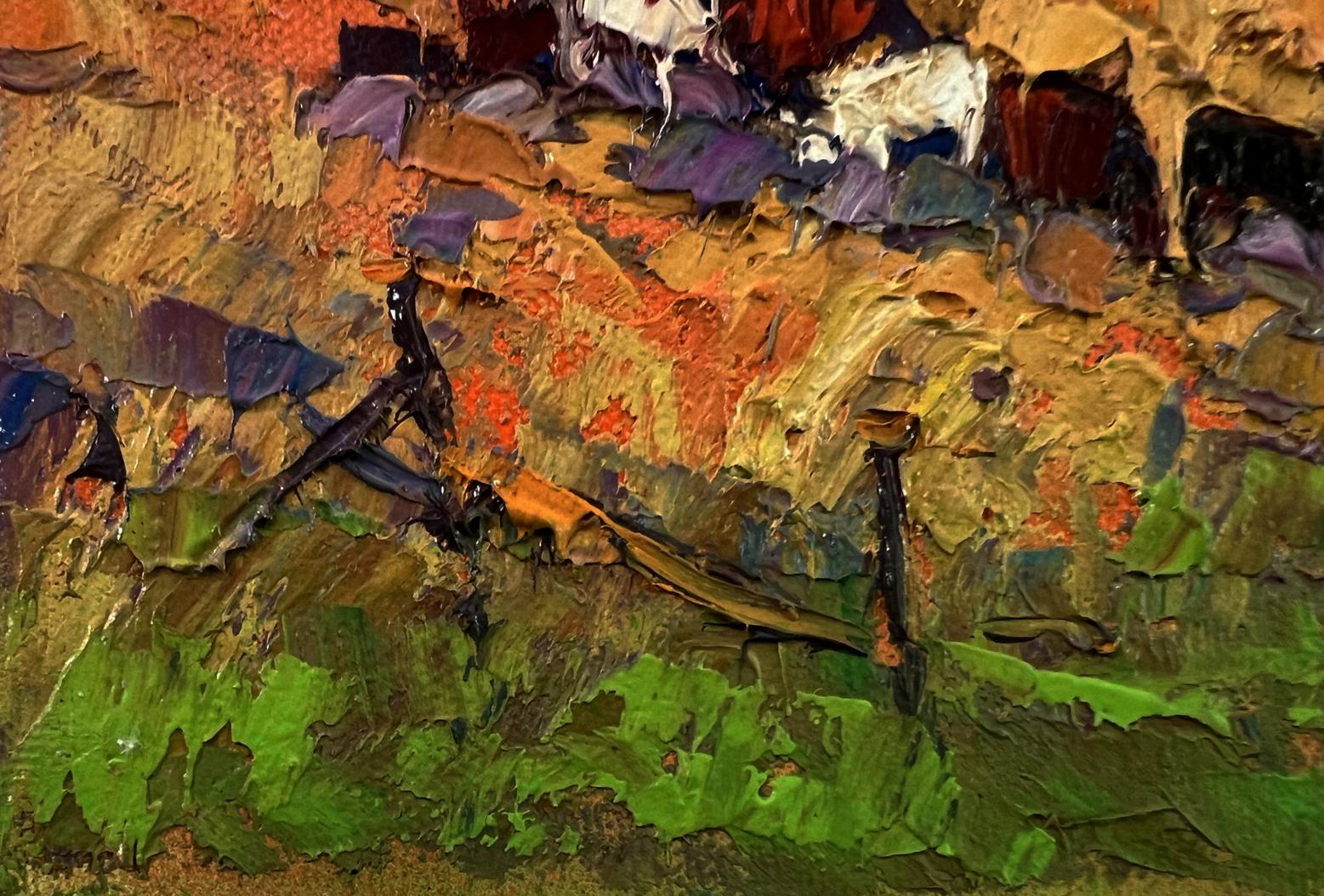 Oil painting Autumn evening by Oksana Ivanyuk, textured impasto in orange, purple, green, brown