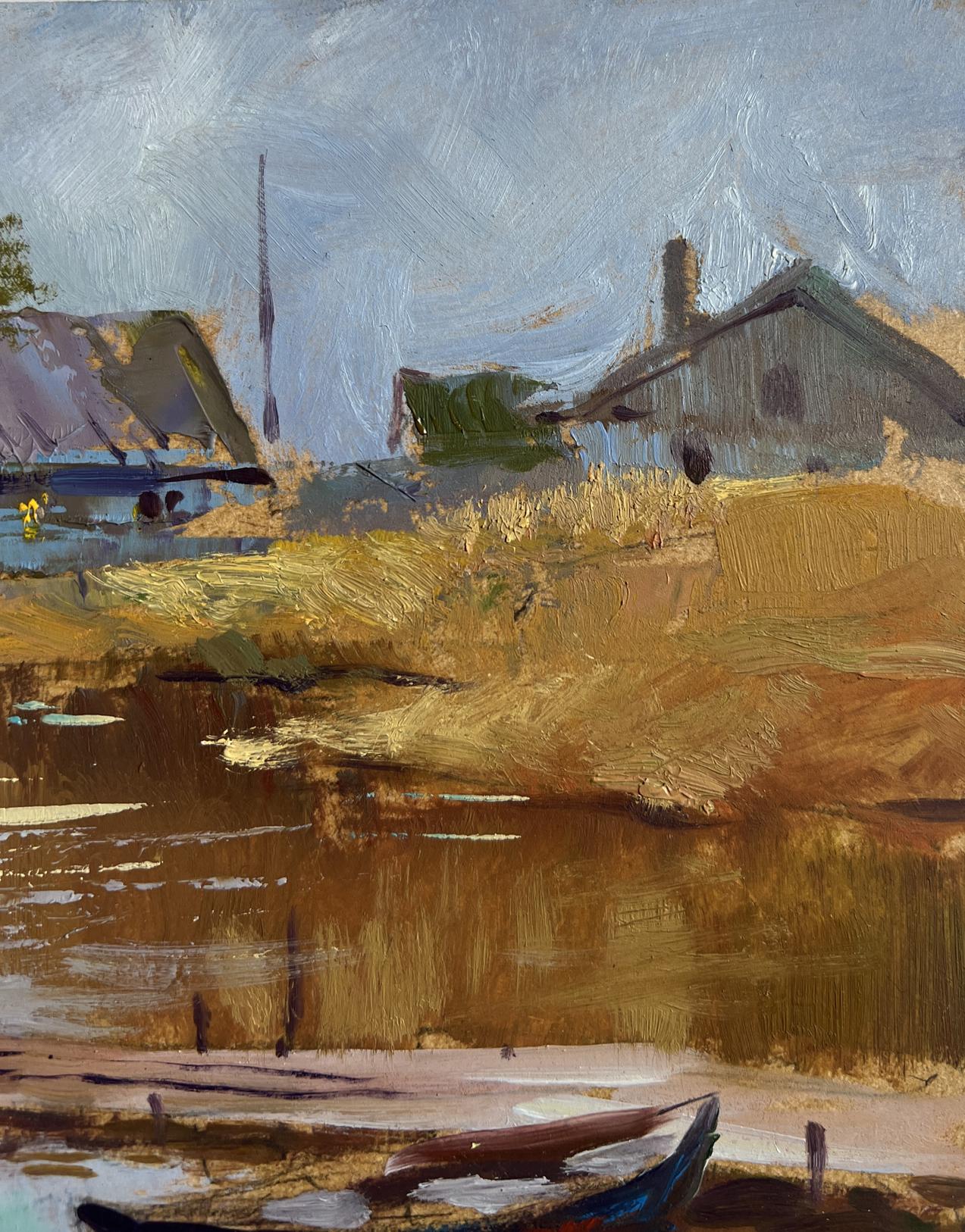 Rustic oil painting of tranquil riverside boat port in village by Yuriy Suprunchuk