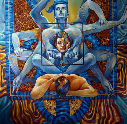 Oil painting Ashwattha by Konsta G. Amelinn: surreal multi-armed blue figure
