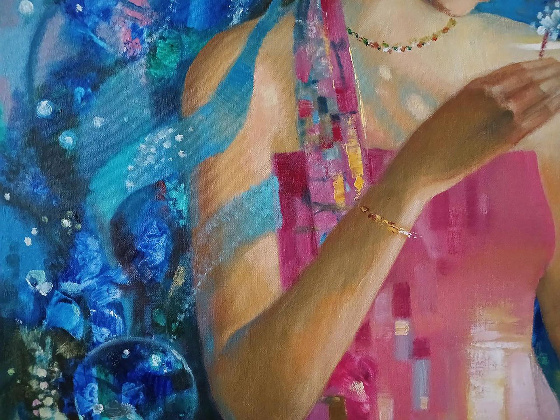 Woman’s arm with delicate gold bracelet in Anatoly Tarabanov Glow of the Moon abstract oil painting