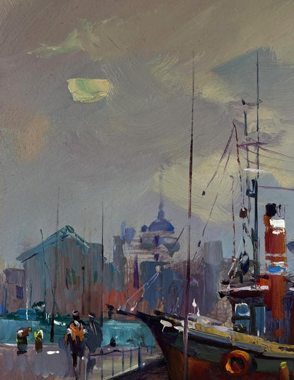 Moody impressionistic oil painting of boats at city pier by Yuriy Suprunchuk