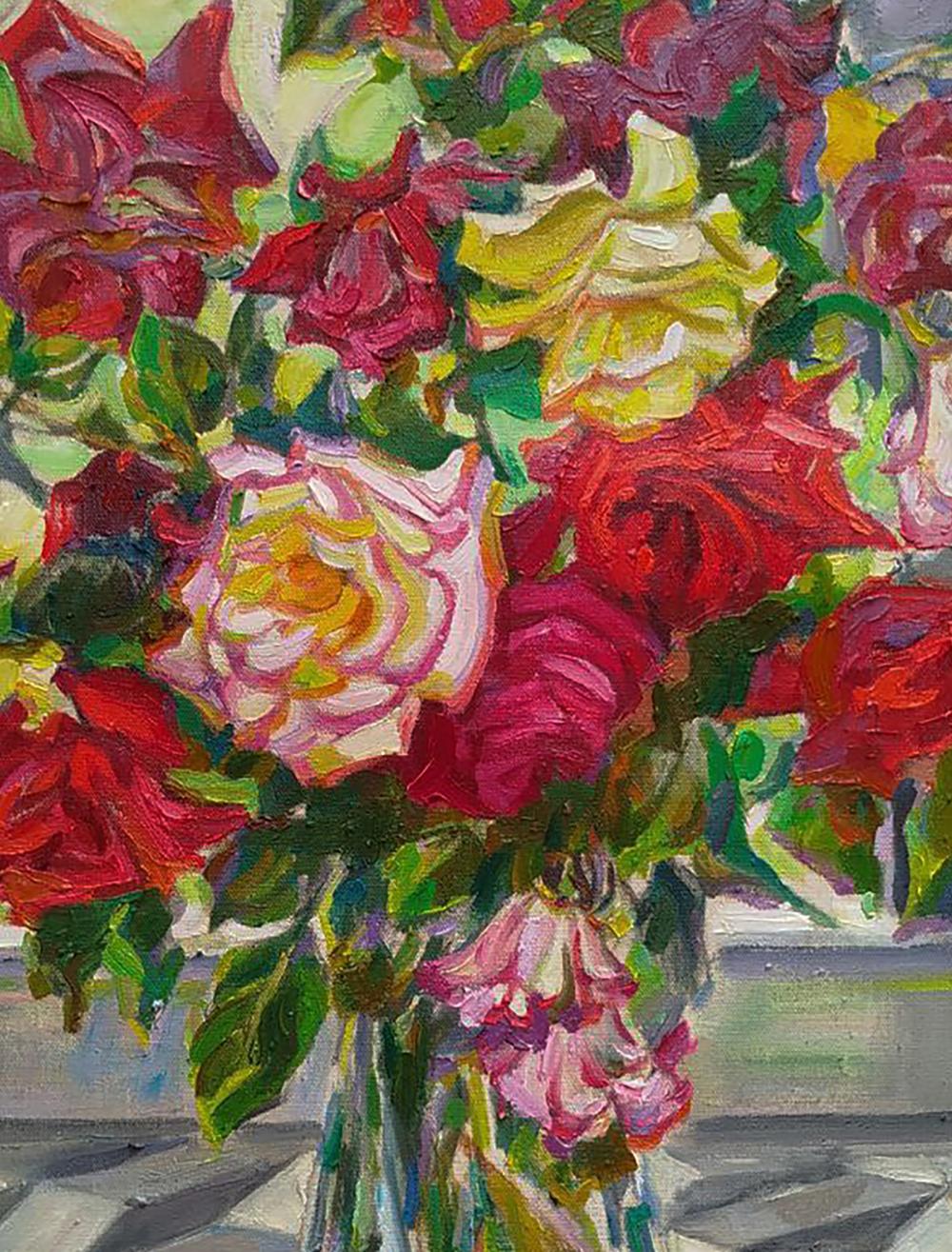 Oil painting of Leonid Pavlenko’s vibrant rose bouquet on balcony