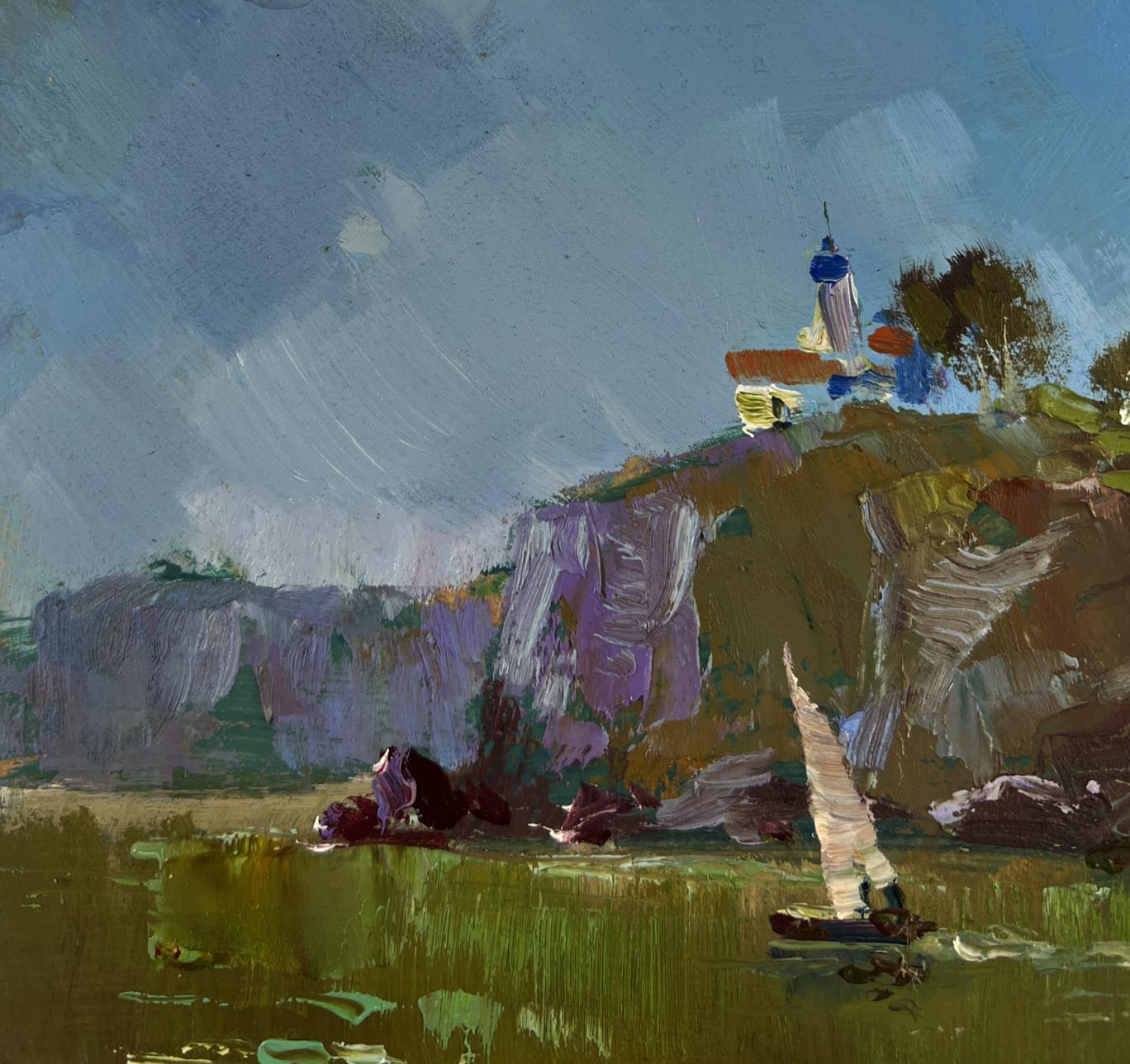Oil painting of sailboat gliding on greenish water by Yuriy Suprunchuk
