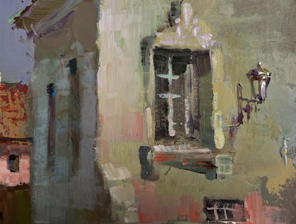 Impressionistic oil painting of weathered city street facade by Yuriy Suprunchuk