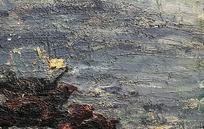 Oil painting of motorcycle on beach by Volodymyr Pashchenko, impasto grays and blues