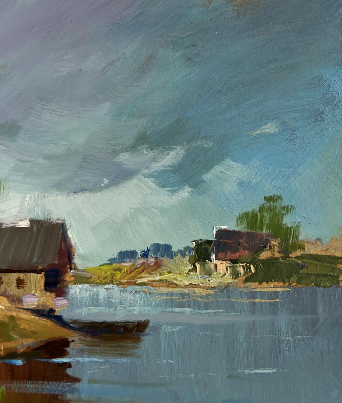 Serene impressionistic oil painting of Quiet Village Harbour by Yuriy Suprunchuk