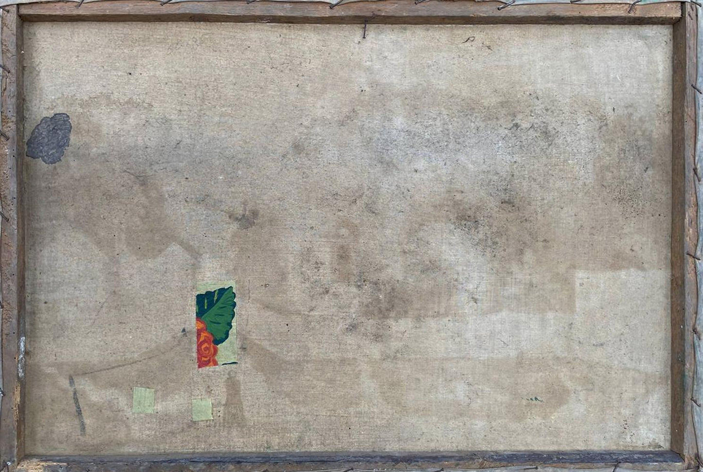 Back of oil painting Sunday trip to church: weathered beige canvas in rustic frame